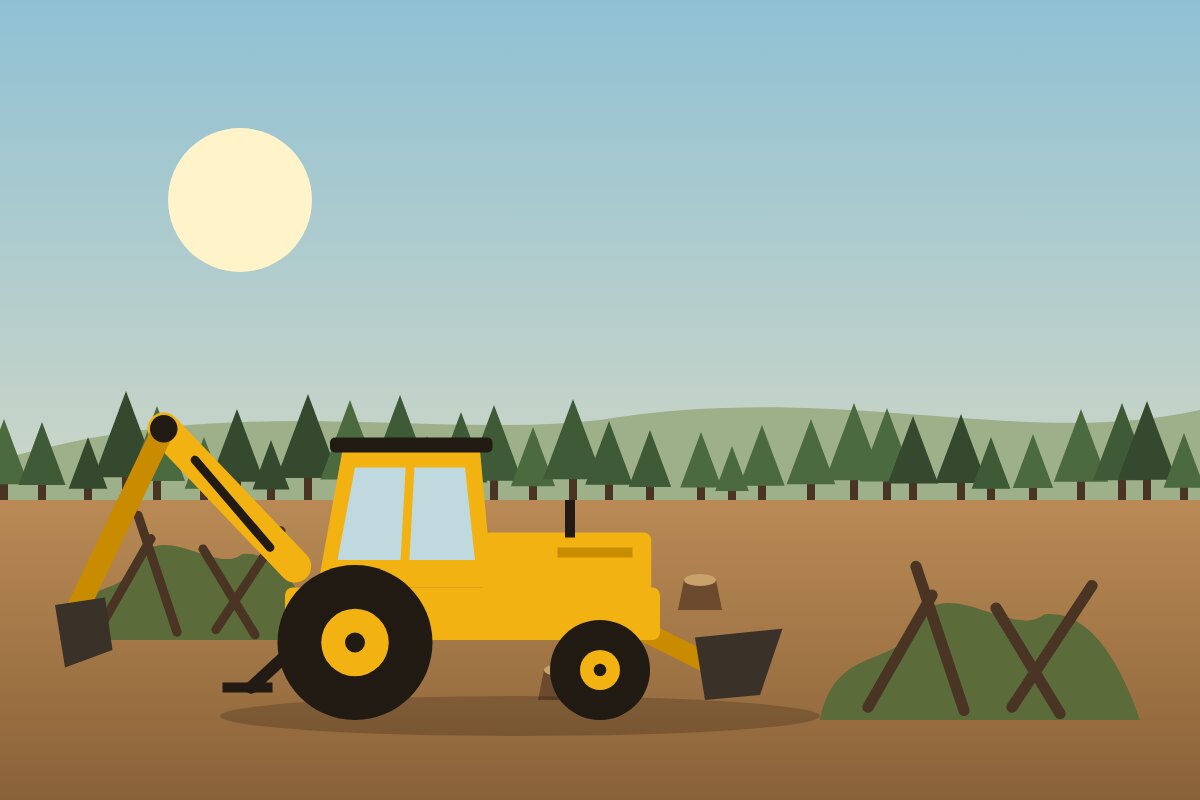 Backhoe clearing brush and stumps from a lot